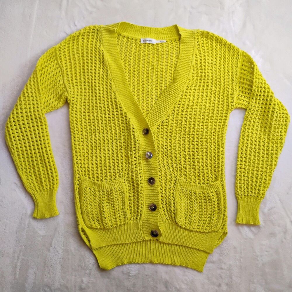 Blu Pepper Cardigan Womens Small Lime Green Open-Knit Lightweight Pockets Button